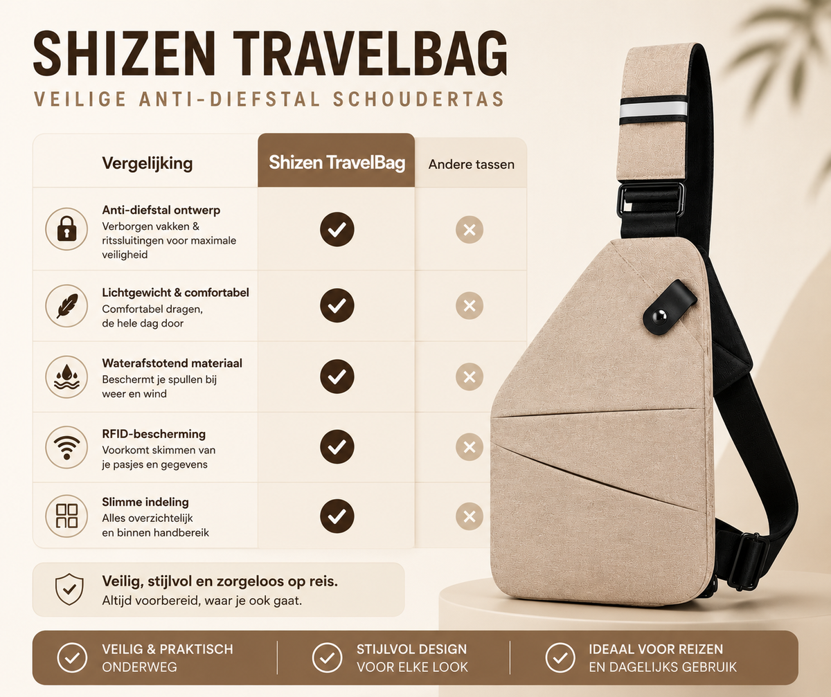 Shizen TravelBag – Veilige Anti-Diefstal Schoudertas